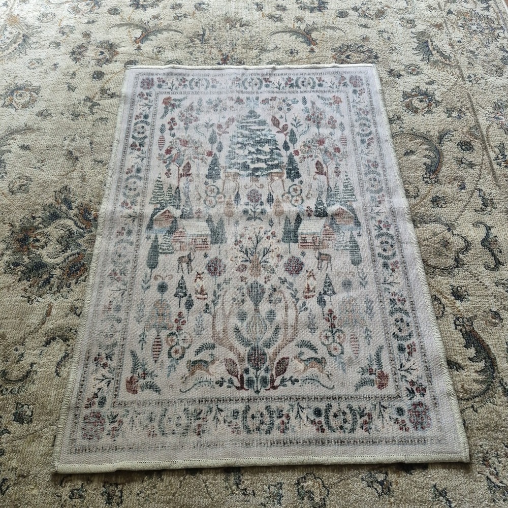 Ruggable 2x3 Washable Accent Rug Winter Woodland Christmas Pine Tree Cabin Deer